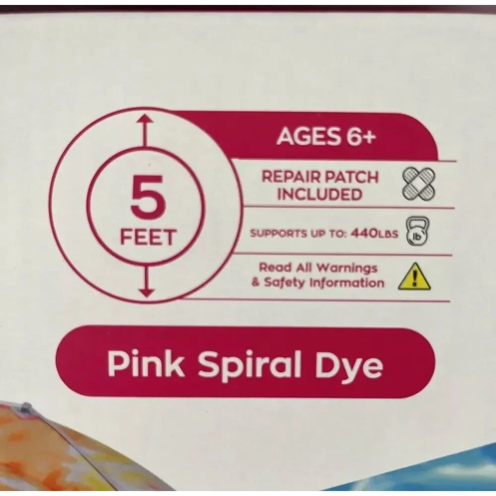 Justice Surf 5ft‎ Floating Island Pool Float w/ Grab Rope, Pink Spiral Tie Dye